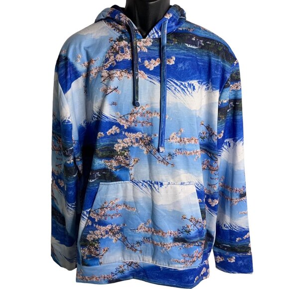 Fresh Prints Mt Fuji Cherry Blossom Hoodie L Blue Knit Sweatshirt Fleece Pocket - Picture 1 of 6